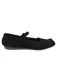 Scarpa flat nera con punta arrotondata, texture in suede e cinturino Mary Jane. Presenta un design con ritagli e una suola in gomma con presa.