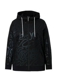 Veste à capuche noire zippée avec un motif en sequins, dotée d'une fermeture éclair à l'avant, de deux poches latérales et d'accents en cordon blanc sur la capuche.