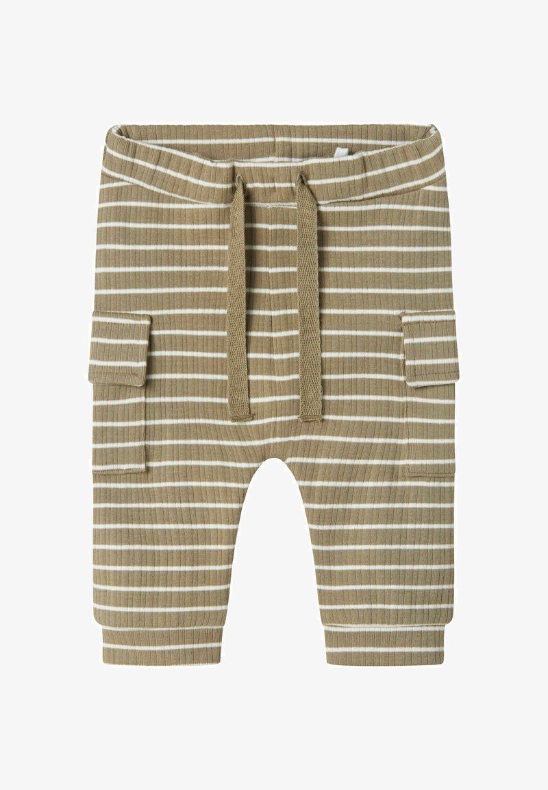 Pajkice za todlerje s črtami v bež in beli barvi, narejene iz žametenega blaga. Imajo elastičen pas, vrvico in dva stranska žepa.