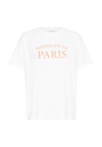 T-shirt blanc en coton à manches courtes, arborant le texte "MIDNIGHT IN PARIS" en couleur pêche, centré dans un design courbé.