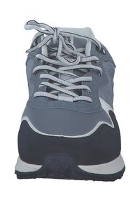 Gray athletic shoe with a mix of synthetic and suede materials, featuring a padded tongue, lace-up design, and a textured rubber sole.