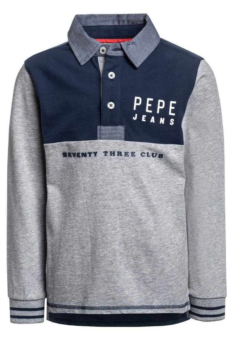 Pánská polokošile s dlouhým rukávem v šedé a námořnické modři. Obsahuje klopu na knoflíky, kontrastní panely, logo "PEPE JEANS" a text "SEVENTY THREE CLUB".