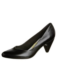 Black leather high heel pump with a pointed toe and a triangular heel. Smooth texture with a subtle sheen. Interior features cushioning.