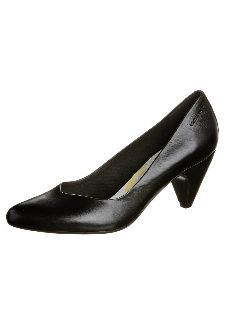 Black leather high heel pump with a pointed toe and a triangular heel. Smooth texture with a subtle sheen. Interior features cushioning.