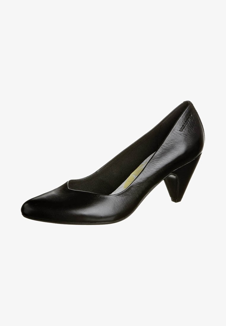 Black leather high heel pump with a pointed toe and a triangular heel. Smooth texture with a subtle sheen. Interior features cushioning.