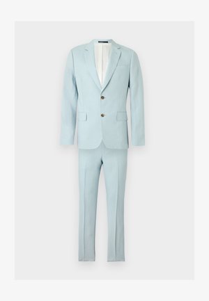 Ανοιχτό μπλε ανδρικό κοστούμι με σακάκι με notch πέτο, δύο κουμπιά, τσέπες με καπάκι και αντίστοιχο παντελόνι με ίσιες μπατζάκια.