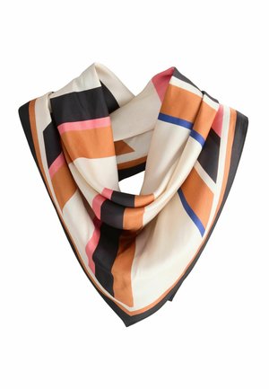 Quadratisches Seidentuch mit geometrischem Muster in Creme, Schwarz, Orange, Pink und Blau, locker zu einer dreieckigen Form gefaltet.