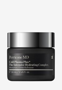 Perricone MD Cold Plasma Plus+ in un barattolo nero opaco, di forma cilindrica, con un coperchio a vite in metallo argentato, presenta testo bianco per i dettagli del prodotto.
