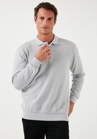 Camisa polo de manga larga color gris claro con un cuello acanalado, dos botones y acanaladuras horizontales en los puños y el dobladillo. Textura de tela suave.