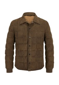 Braune gesteppte Jacke mit Druckknopfverschluss, klassischem Kragen, Seitentaschen und elastischen Bündchen für einen taillierten Abschluss.