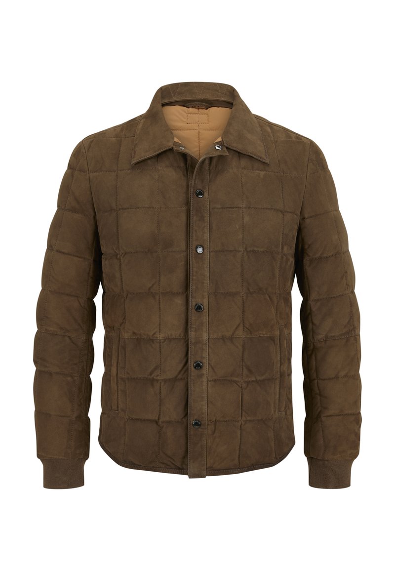 Braune gesteppte Jacke mit Druckknopfverschluss, klassischem Kragen, Seitentaschen und elastischen Bündchen für einen taillierten Abschluss.