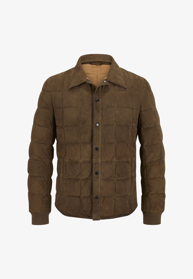 Braune gesteppte Jacke mit Druckknopfverschluss, klassischem Kragen, Seitentaschen und elastischen Bündchen für einen taillierten Abschluss.