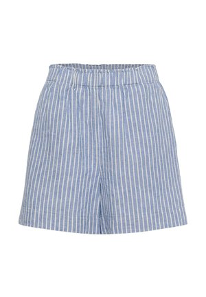 Pantaloni scurți cu dungi verticale albastre și albe, cu talie elastică și croială relaxată.