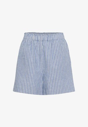 Pantaloni scurți cu dungi verticale albastre și albe, cu talie elastică și croială relaxată.