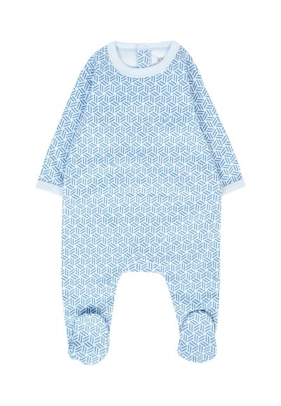 Romper per neonati blu con motivo geometrico, maniche lunghe, scollatura tonda, fondo con piedi e chiusura a bottone al collo.