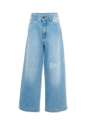 Jasnoniebieskie dżinsy z szerokimi nogawkami, z pięcioma kieszeniami, zapięciem na guziki oraz delikatnym białym napisem na prawej udzie.