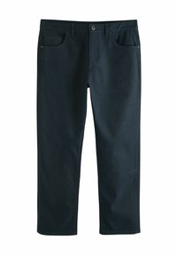 Donker marineblauwe denim broek met een rechte pijp, voorzien van vijf zakken, een knoopsluiting en schone naden. Zachte textuur met minimale details.