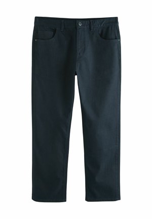 Pantaloni in denim blu scuro con taglio dritto, dotati di cinque tasche, chiusura con bottone e cuciture pulite. Tessuto morbido con dettagli minimi.