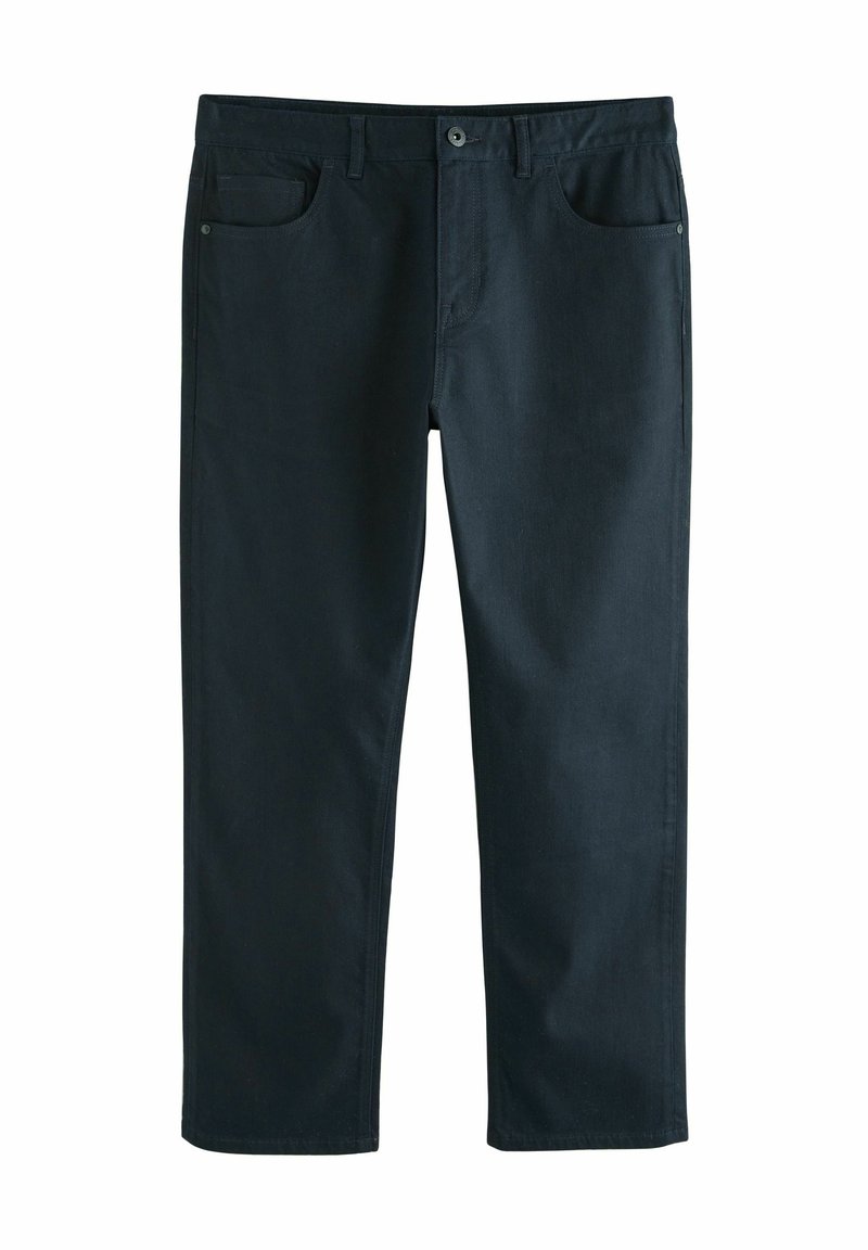 Donker marineblauwe denim broek met een rechte pijp, voorzien van vijf zakken, een knoopsluiting en schone naden. Zachte textuur met minimale details.