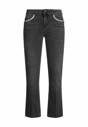 Jeans in denim nero con design a gamba dritta, dotati di cuciture decorative sulle tasche e chiusura con bottone classico in vita.
