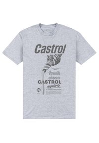 Grå bomuld t-shirt med et vintage Castrol-logo og grafisk design, inklusive en hånd der hælder olie fra en dåse og tekst om motorpleje.