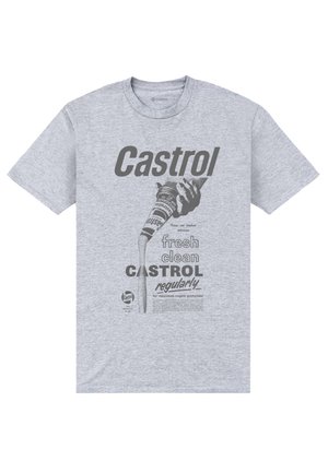 Grå bomuld t-shirt med et vintage Castrol-logo og grafisk design, inklusive en hånd der hælder olie fra en dåse og tekst om motorpleje.