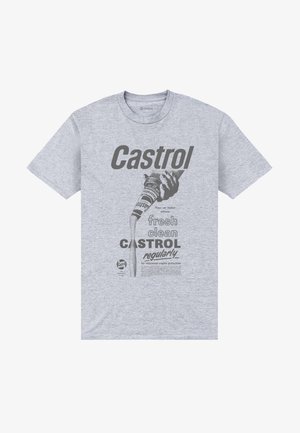 Grå bomuld t-shirt med et vintage Castrol-logo og grafisk design, inklusive en hånd der hælder olie fra en dåse og tekst om motorpleje.