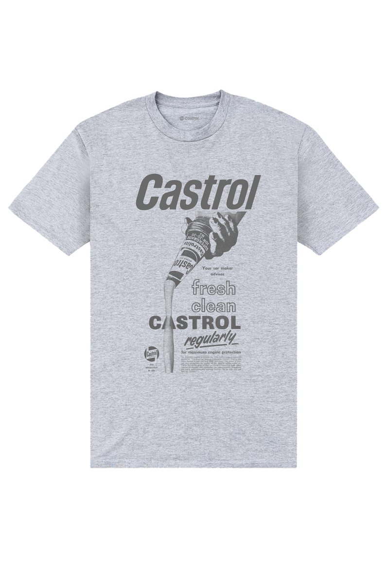 Grå bomuld t-shirt med et vintage Castrol-logo og grafisk design, inklusive en hånd der hælder olie fra en dåse og tekst om motorpleje.