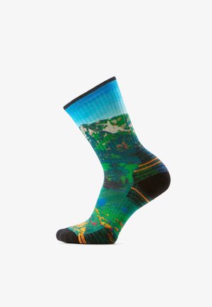 Socke mit farbenfrohem Landschaftsmuster, das blauen Himmel, grüne Bäume und orangefarbene Akzente an Ferse und Zehen in Schwarz zeigt, auf weißem Hintergrund dargestellt.