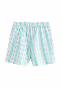 Shorts en coton avec une taille élastique, présentant des rayures verticales en bleu clair, blanc et rose. Texture douce et coupe décontractée.