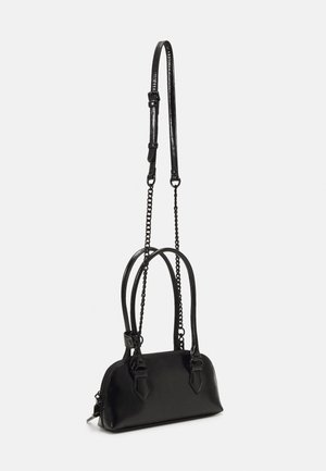Black leather handbag with a rounded shape, featuring two handles and a chain strap. Smooth texture with detailed hardware accents.