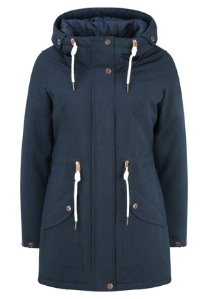 Navy hooded parka jacket with a textured fabric, front buttons, drawstring accents, and two large side pockets. Features a padded inner lining.
