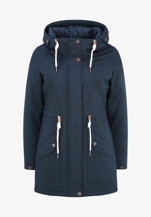 Marineblauwe capuchon parka jas van een gestructureerde stof, met knopen aan de voorzijde, trekkoordaccenten en twee grote zijzakken. Heeft een gevoerde binnenvoering.