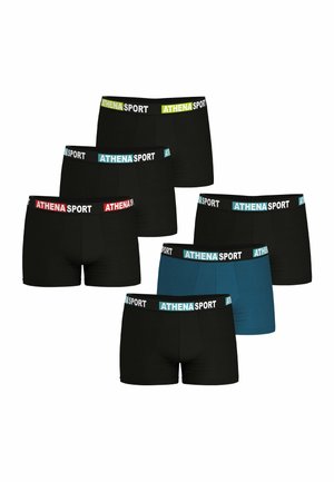 Six paires de boxers pour hommes en noir et bleu, chacune avec une ceinture élastique de marque portant l'inscription "ATHENA SPORT" en différentes couleurs.