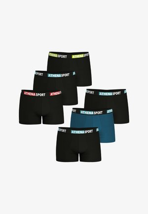 Six paires de boxers pour hommes en noir et bleu, chacune avec une ceinture élastique de marque portant l'inscription "ATHENA SPORT" en différentes couleurs.