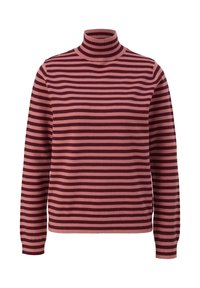 Turtleneck trui gemaakt van zachte stof, met wijnrode en lichtroze horizontale strepen, lange mouwen en een aansluitend ontwerp.