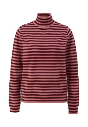 Maglione a collo alto realizzato in tessuto morbido, caratterizzato da strisce orizzontali color bordeaux e rosa chiaro, maniche lunghe e design aderente.
