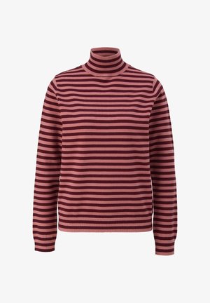 Turtleneck trui gemaakt van zachte stof, met wijnrode en lichtroze horizontale strepen, lange mouwen en een aansluitend ontwerp.