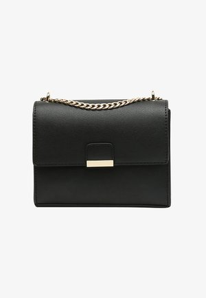 Black synthetic handbag with a structured shape, gold-tone chain strap, and a sleek front flap featuring a simple metallic clasp.