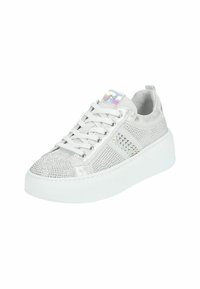 Hvide sneakers med en mesh-overdel, metalliske accenter og rhinsten-detaljer. Har en tyk hvid sål og flade snørebånd.
