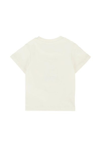 T-shirt a maniche corte in cotone crema, con colletto rotondo classico e una trama liscia, senza motivi o disegni visibili.