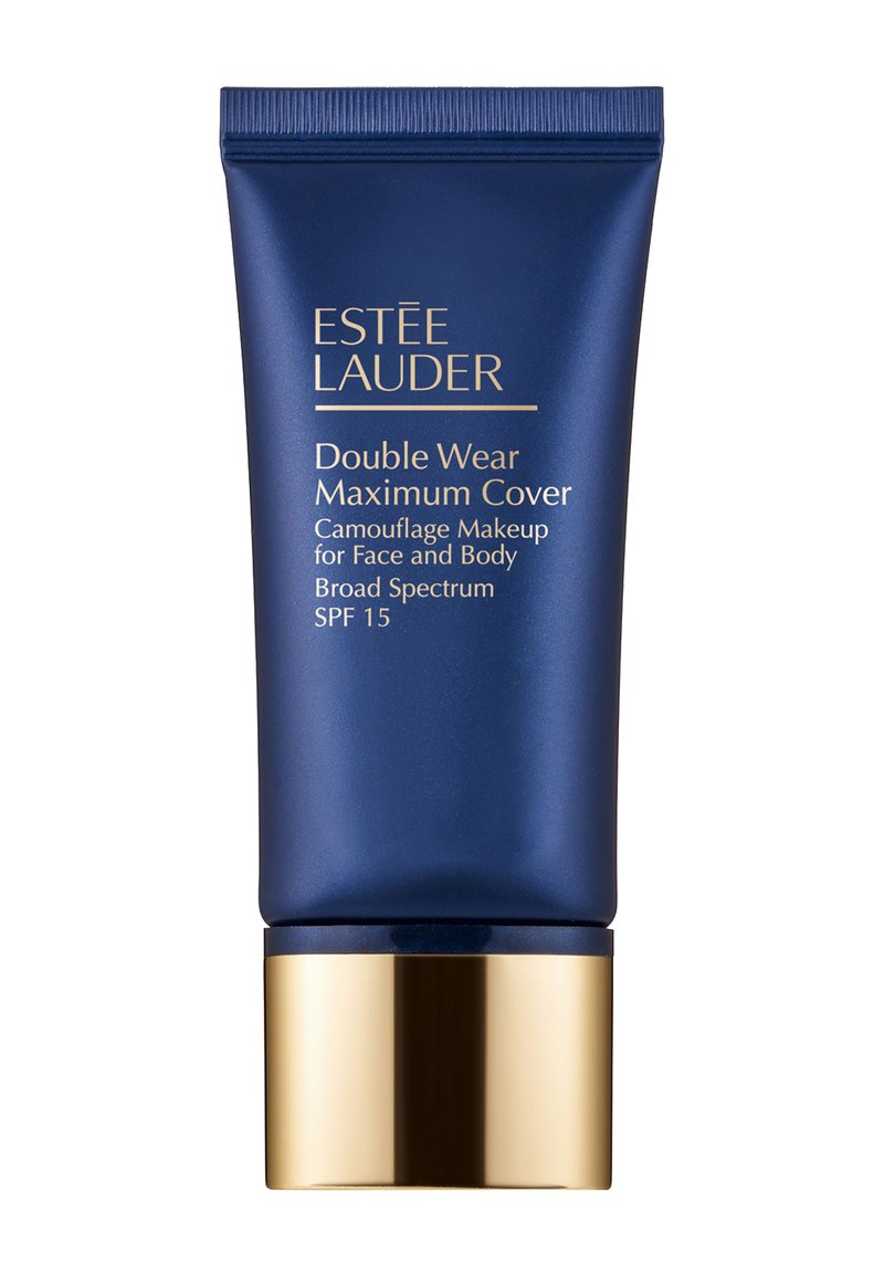 Tube d'Estée Lauder Double Wear Maximum Cover, bleu marine avec des accents dorés, pour le visage et le corps, SPF 15, dotée d'une texture lisse et mate.