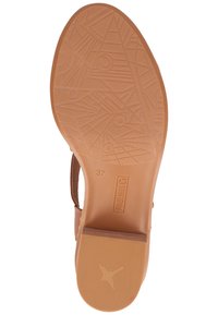 Brown sandal sole featuring geometric tread pattern, rubber construction, and brand logo. Size marked as 37.