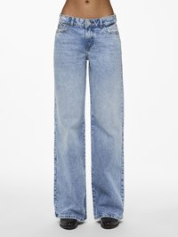 Light blue, wide-leg denim jeans with a faded wash, five pockets, belt loops, and a button fly. Textured cotton fabric.