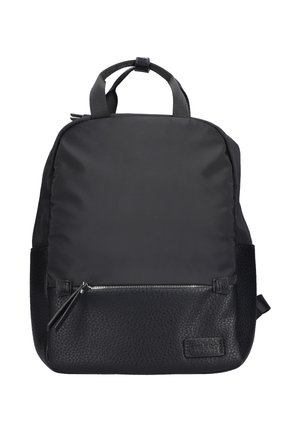 Black backpack with a smooth fabric upper and a textured leather bottom. Features a front zipper pocket and dual carrying handles.