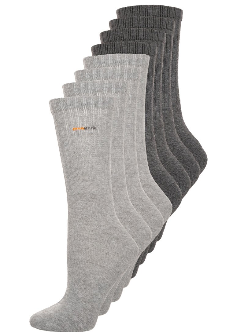 Pack of 10 cotton socks in varying shades of gray. Each sock features a ribbed cuff and subtle branding in orange, smooth texture.