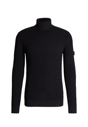 Schwarzer, gerippter Strickrollkragenpullover mit langen Ärmeln und enganliegendem Saum. Verfügt über eine subtile Textur und ein Logo-Tag an der Seite.