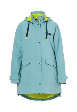 Vaaleansininen sadetakki neonkeltaisella vuorauksella, edessä painonapit, kaksi läppätaskua, säädettävät hihansuut ja mustat kiristysnauhat hupussa.