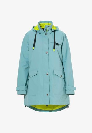 Lichtblauwe regenjas met neongele voering, drukknoopsluiting aan de voorkant, twee klepzakken, verstelbare manchetten en zwarte trekkoorden aan de capuchon.