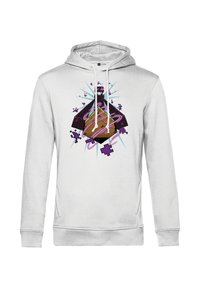 Felpa bianca con stampa grafica che presenta un oggetto marrone in un contenitore nero, circondato da accenti viola e blu e forme geometriche.